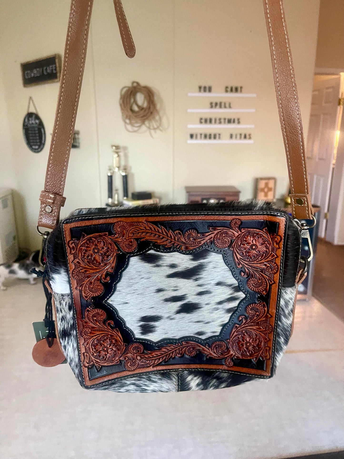 Tooled hide purse