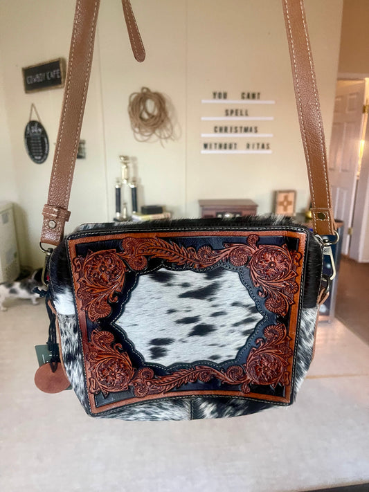 Tooled hide purse